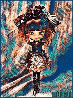 Pretty cosplay type doll in steampunk costume set in a surreal background