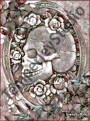 Steampunk skeleton and roses cameo