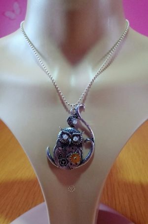 Steampunk owl and jewel pendant