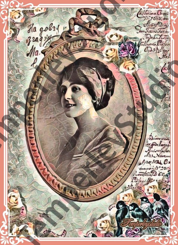 Shabby chic lady in a floral and bird cameo scene