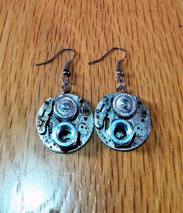 Steampunk silver watch face and cog earrings