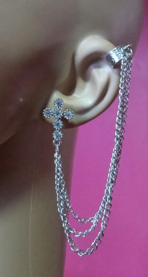 Silver jewelled cross and chain cuff earring
