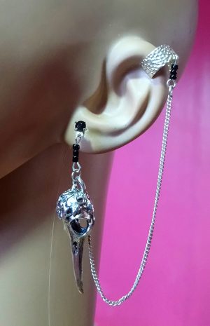 Silver bird skull and drop chain cuff earring