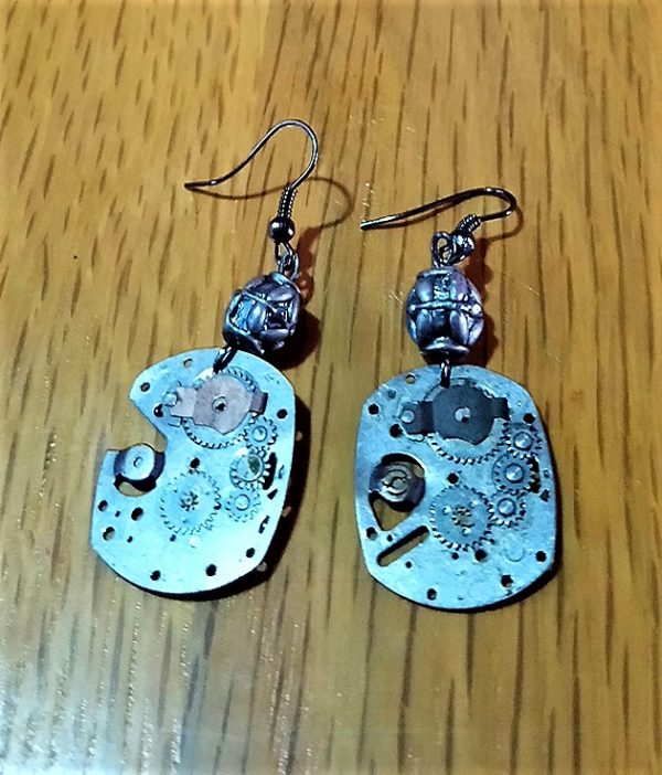 Steampunk silver watch part and patterned bead earrings