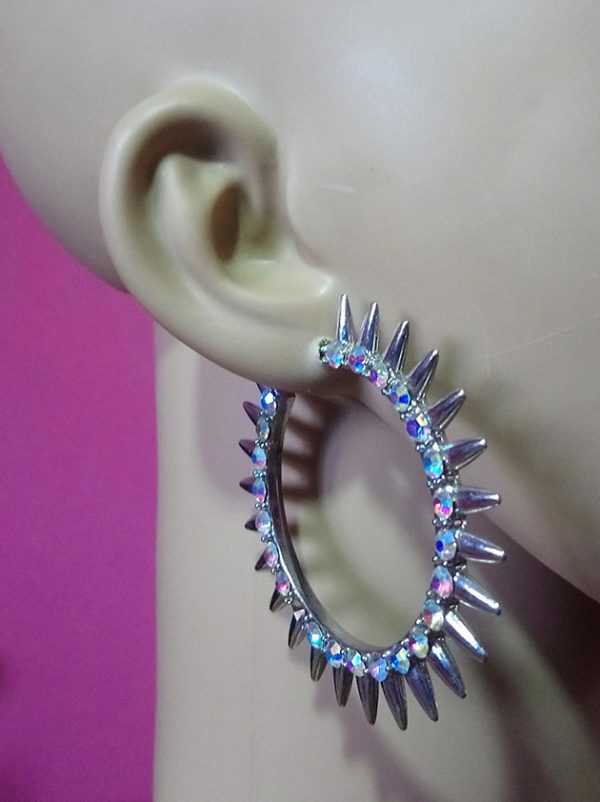 Silver crystal studded spike hoop earrings