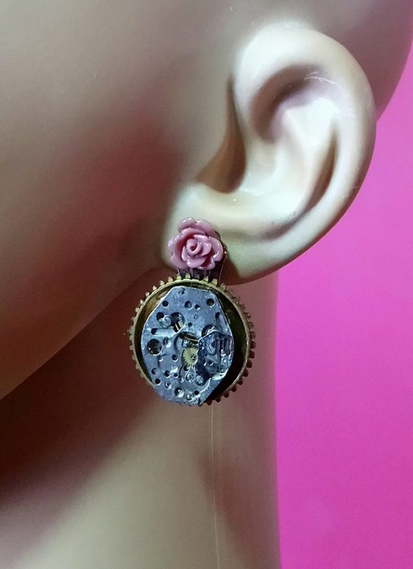 Steampunk cog cameo and rose earrings
