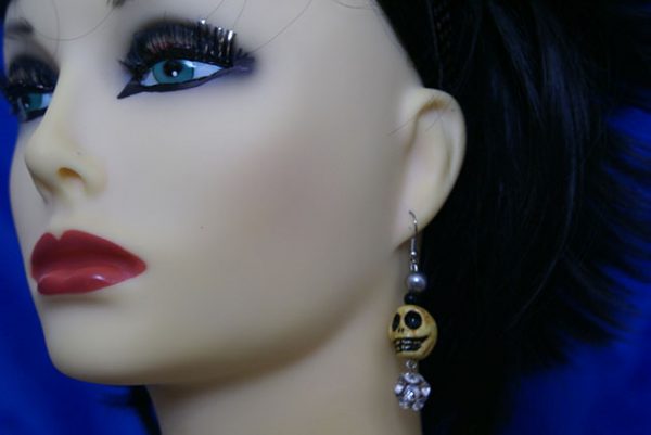 Gothic yellow skull and crystal bead earrings