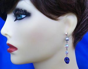 Blue skull and crystal bead earrings