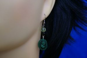 Green cameo lady and green bead earrings