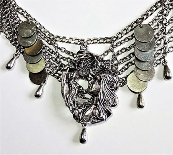 Victorian fantasy silver lady cameo drop coin necklace