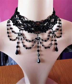 Black multi bead chandelier style choker necklace