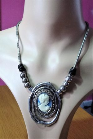 Art nouveau style blue cameo lady and bead necklace