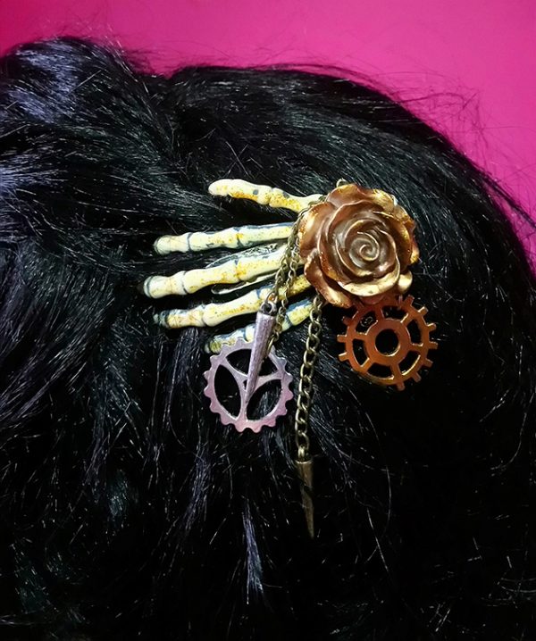 Steampunk skeleton hand and rose hair clip
