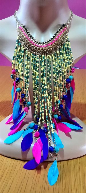Kali Gothic multi bead skull feather tassel necklace
