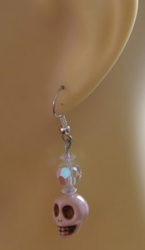 Pink Gothic Lolita skull and crystal bead earrings