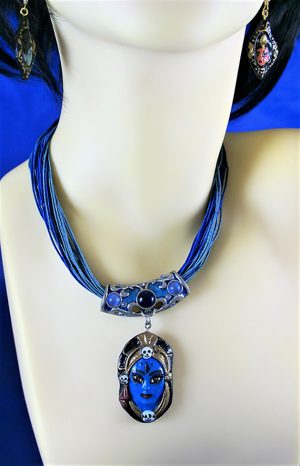 Kali 3D colour cameo and blue bead necklace