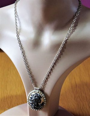 Black white and silver brushed lady cameo necklace