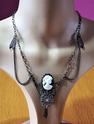 Victorian Lolita lady and filigree twin cameo drop bead necklace