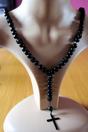 Black jewelled bead rosary necklace (unisex)