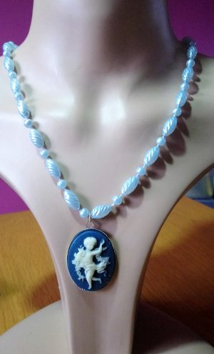 Bohemian chic fantasy boy angel cameo and bead necklace