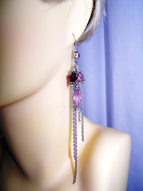 Purple crystal jewel and drop chain earrings