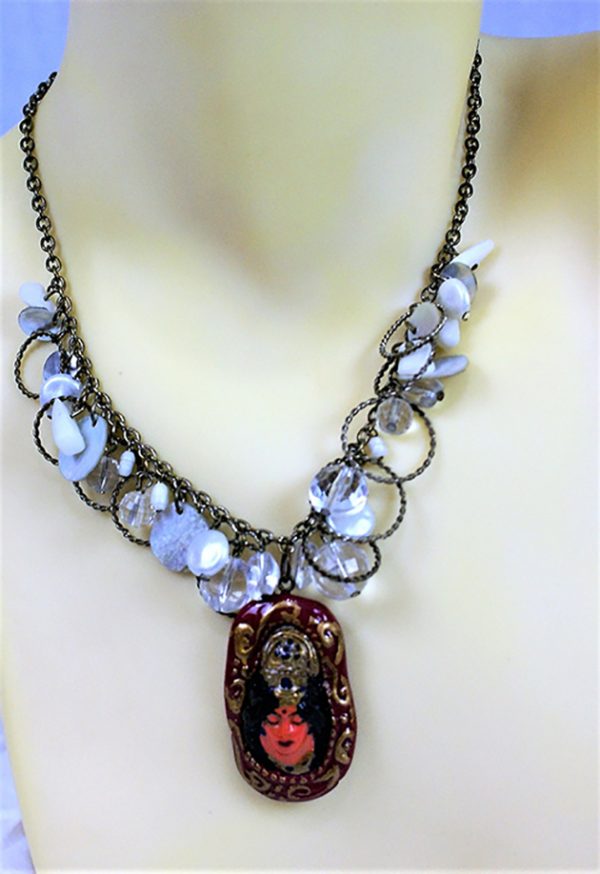 Lakshmi in prayer colour cameo and shell bead chain necklace