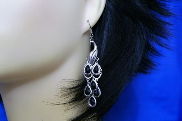 Silver 3D peacock with black teardrop bead earrings