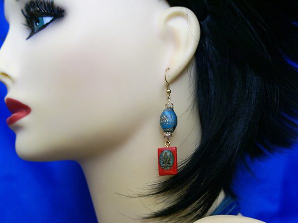 Shiva red tile and blue bead earrings