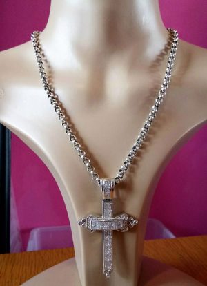 Real silver jewel cross and belch chain necklace