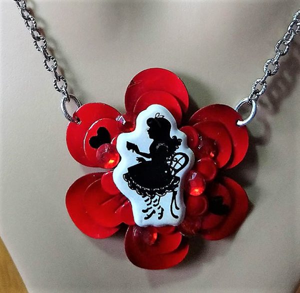 Alice in Wonderland drinking tea cameo flower necklace