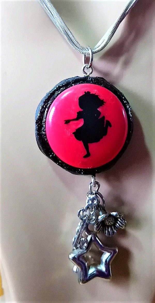 Alice in Wonderland running cameo and silver drop charm necklace