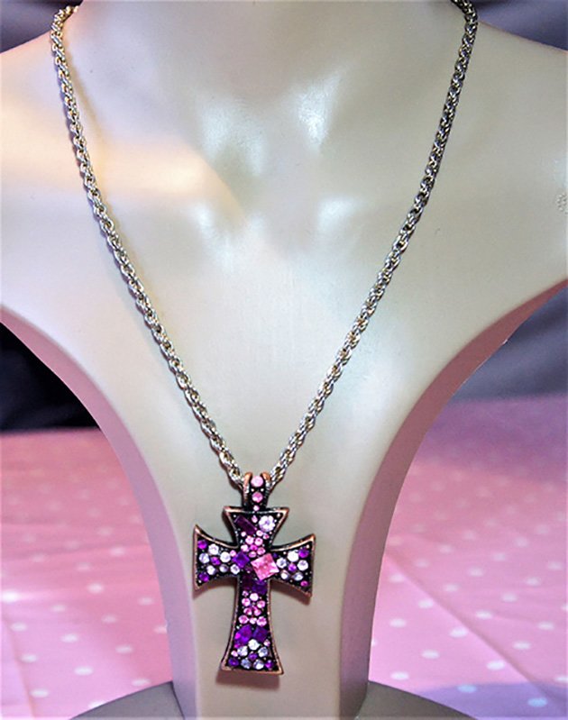 Pink jewel and copper cross necklace 