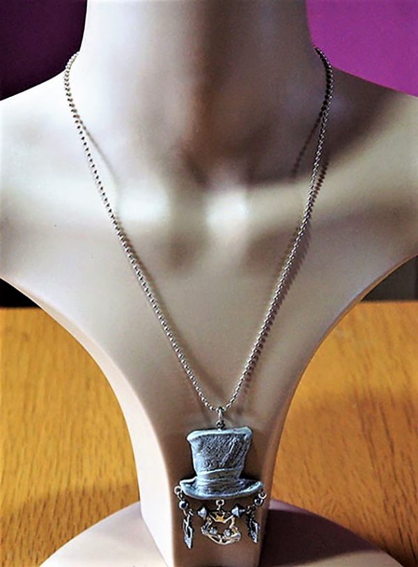 Silver 3D Mad Hatter hat and drop charm necklace