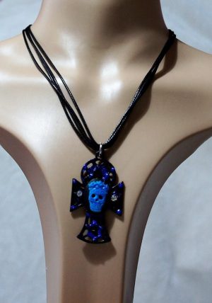 Black and blue day of the dead cameo cross necklace (unisex)