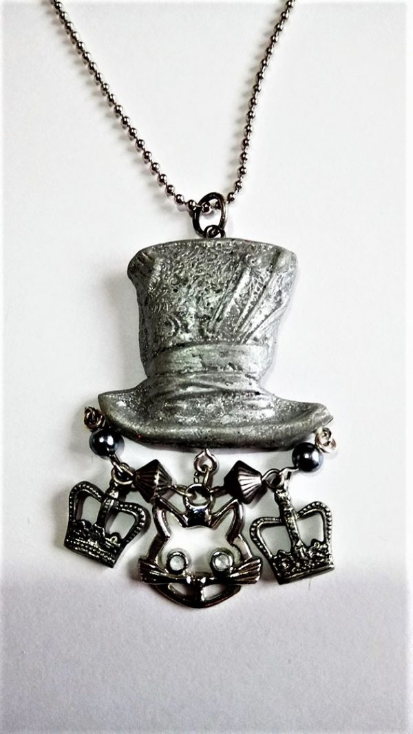 Silver 3D Wonderland Mad Hatter hat and drop charm necklace