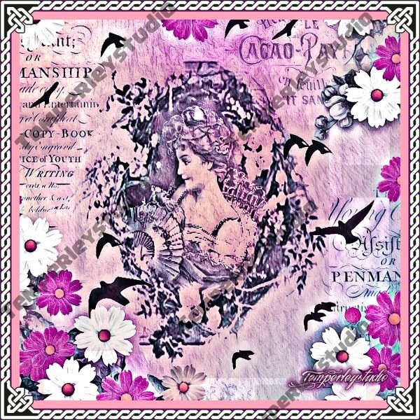Shabby chic lady cameo in bird and flower theme (pink)