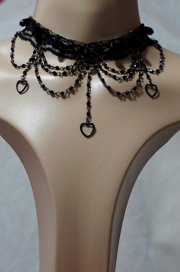 Black drop heart and lace choker necklace
