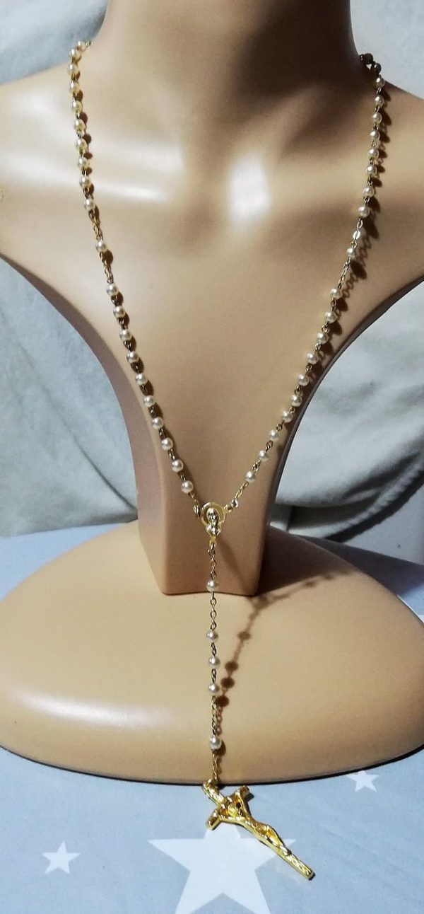 Gold 3D crucifix and pearl bead rosary necklace