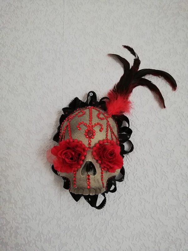Red rose and jewel 3D skull wall plaque
