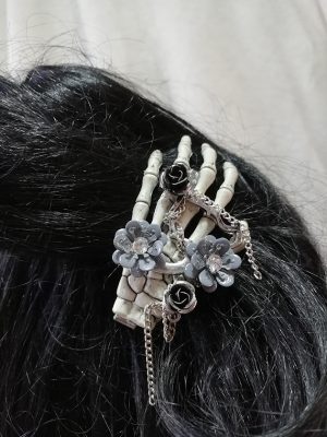 Gothic Steampunk rose and flower skeleton hand hair clip