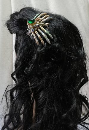 Steampunk and green jewel cameo skeletal hand hair clip