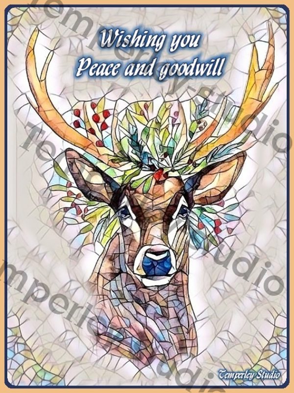 Stag Reindeer in stained glass Christmas card