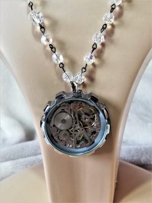 Steampunk real watch part pendant and crystal bead chain necklace