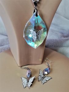 Rainbow crystal butterfly pendant and earring set