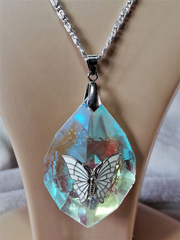 Rainbow crystal butterfly pendant and earring set
