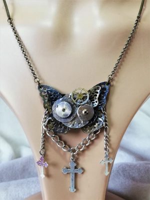 Steampunk butterfly and drop cross necklace