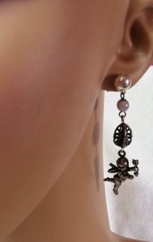 Silver 3D cherub and drop charm earrings