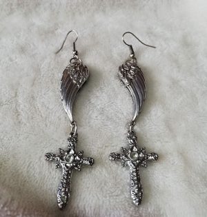 Silver angel wing and cross earrings