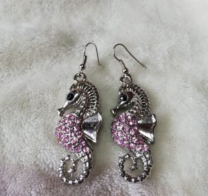 Silver and pink crystal 3D seahorse earrings