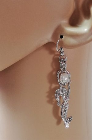 Silver 3D mermaid and glow globe earrings